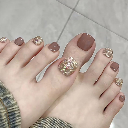 RUOKEXIN Short Press on Toenails Brown Fake Toenails with Gold Glitter Designs Square Toe Nail Press ons Sparkly Artificial Nails for Women 24Pcs
