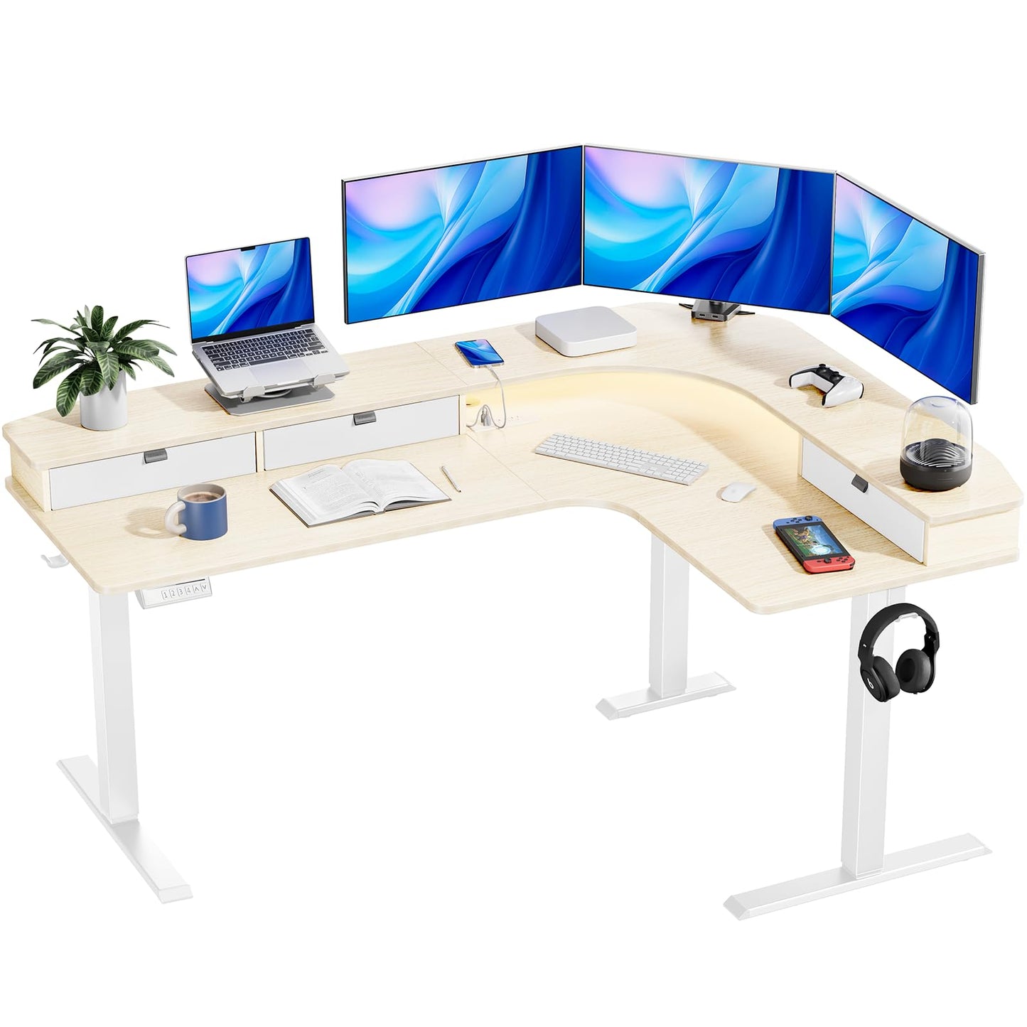 HUANUO 65″ L-Shaped Standing Desk with Power Outlets & LED Strip, Electric Height Adjustable Corner Computer Desk, Sit Stand Up Desk with 3 Drawers, Natural Wood