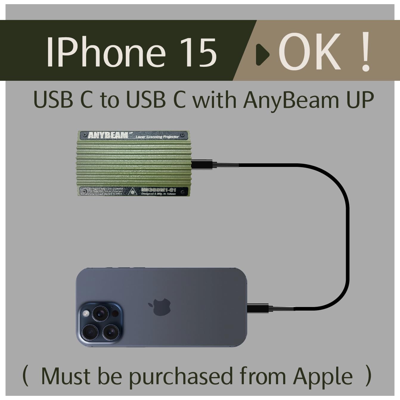 AnyBeam UP" Mini Laser Scanning Camping Projector for iPhone 15,16/Android , Focus-free, 720p, 100" Projection Size, 34 ANSI, 4K Compatible, Auto Keystone, Low Power Consumption, USB-C DisplayPort