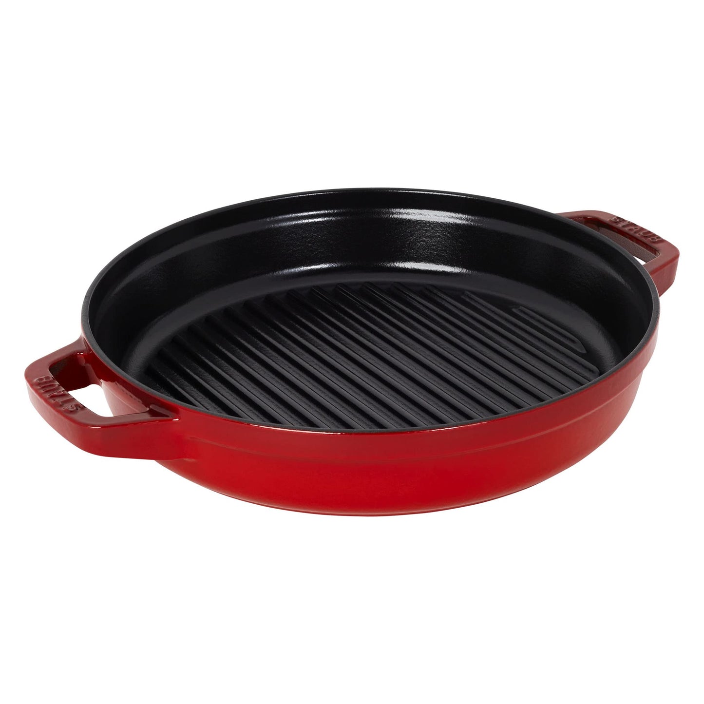 STAUB Cast Iron Set 4-pc, Stackable Space-Saving Cookware Set, Dutch Oven, Skillet, Grill Pan with Universal Lid, Made in France, Cherry