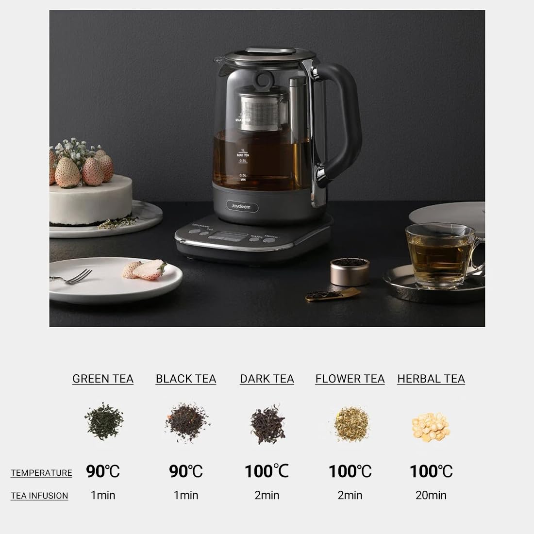 Joydeem Hot Tea Maker, Glass Electric Kettle with Auto Lift Tea Infuser and Temperature Control, 1.7L, JD-ZC6088G