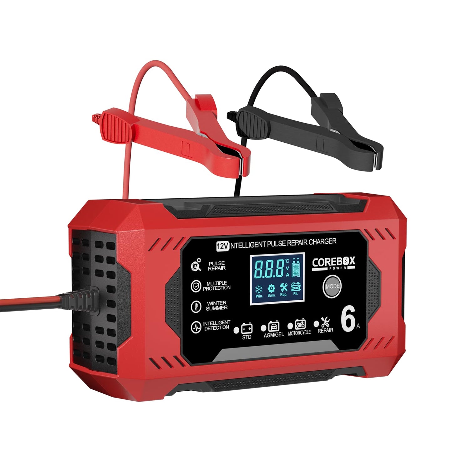 Corebox Battery Charger 6-Amp 12V Automatic Smart Battery Trickle Charger, Battery Maintainer Desulfator with Temperature Compensation for Car Truck Motorcycle Lawn Mower Marine