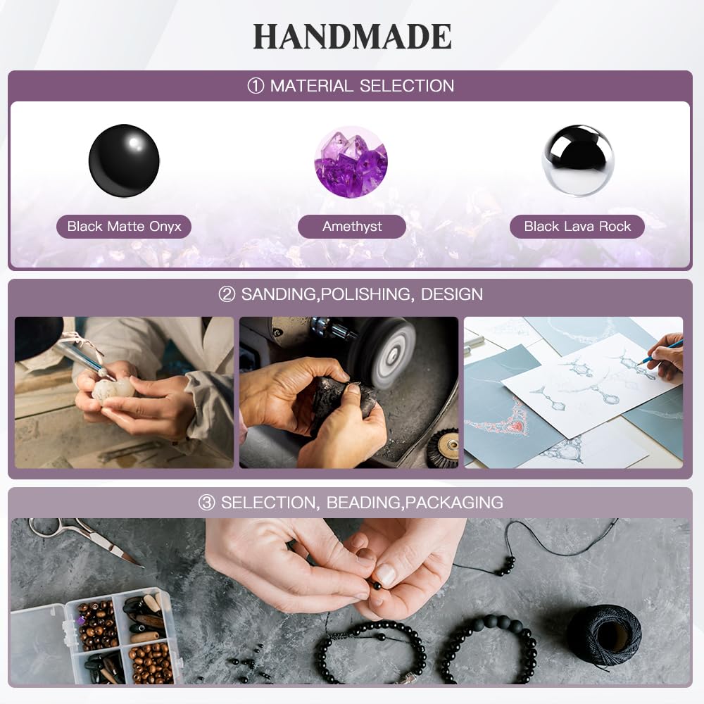 Triple Protection Bracelet - for Protect & Balance - Energy Crystal Bracelets for Men Women - Bring Good Luck & Prosperity - Amethyst Hematite & Black Obsidian Jewelry Natural Stone Healing Bracelet