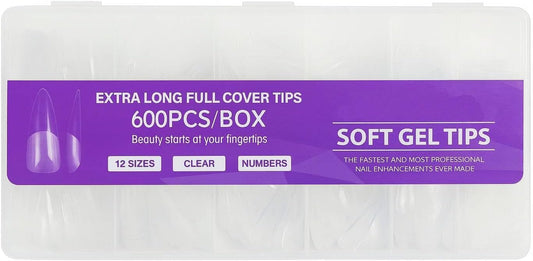 600PCS Extra Long Full Cover Soft Gel Nail Tips – 12 Sizes Clear Fake Nails with Numbers – Professional Refill Box for Nail Extension, DIY Nail Art, Salon and Home Manicure (Stiletto, Clear)