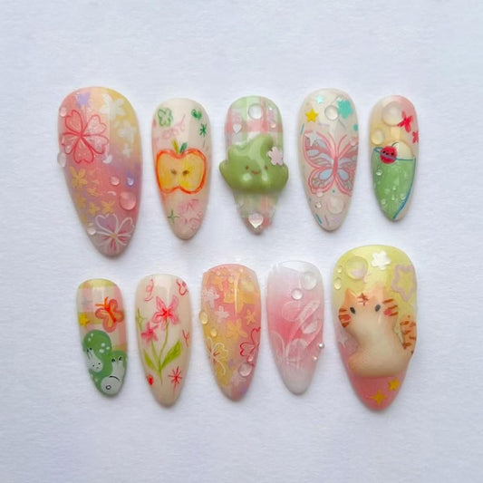 24 Pcs Fall Cartoon Press on Nails Short Almond,MINGCHUN Kawaii Fake Nails Press ons Acrylic Nail Art Tips Kit Full Cover False Nails Glue on Nails with Cute Flowers Design for Women Nail Supplies
