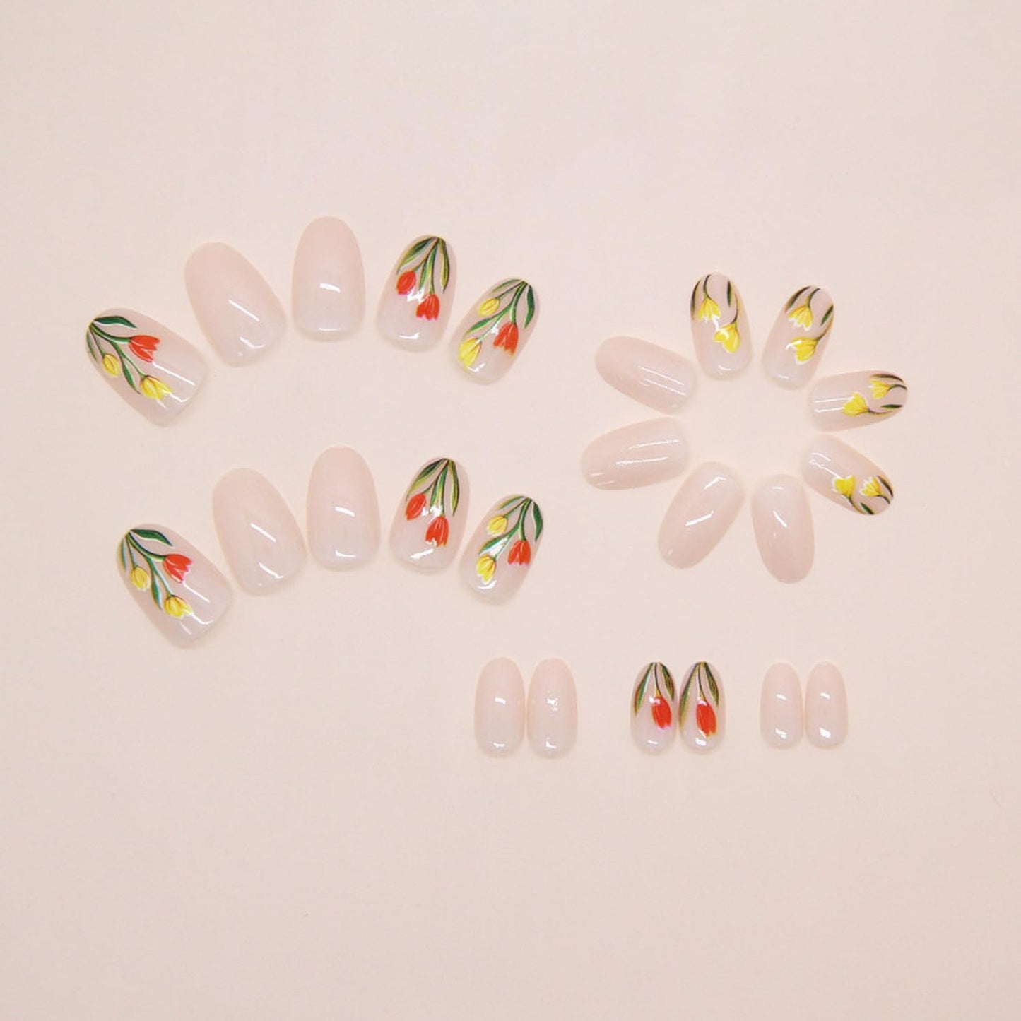 24pcs Flower Press on Nail Short Almond Fake Nails with Tulip designs Stick on Nail Full Cover Nude Press one Glossy Reusable Glue on Nails for Women Spring Summer False Nails