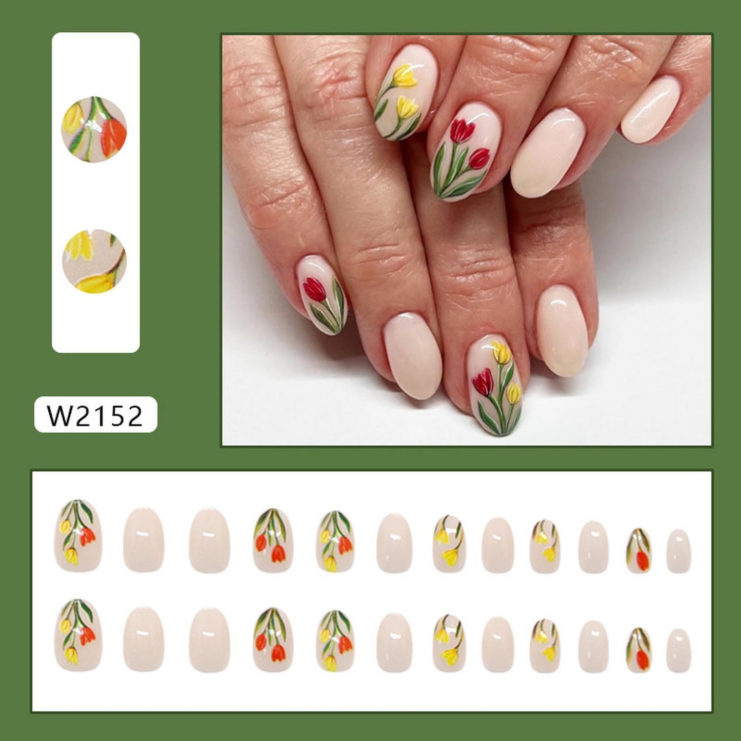 24pcs Flower Press on Nail Short Almond Fake Nails with Tulip designs Stick on Nail Full Cover Nude Press one Glossy Reusable Glue on Nails for Women Spring Summer False Nails