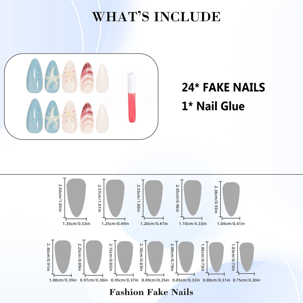 IMRAIN Almond Press on Nails Medium Fake Nails with 3D Sea Star, Shell Design Blue Glossy Full Cover Acrylic False Nails Stick on Nails for Women Girls DIY Manicure 24Pcs