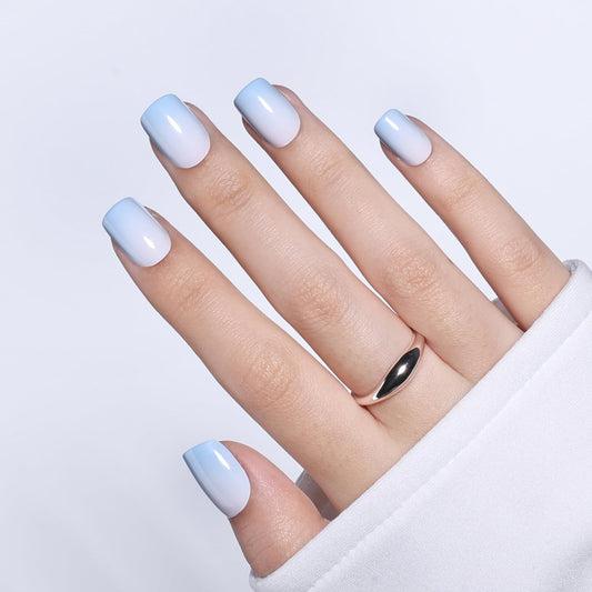 Ombre Press On Nails Square - Light Blue Short Square Fake Nails, Blue Press On Nails Reusable Stick On Nails in 15 Sizes, 30pcs False Nail Kit for Women & Girls (Blue Ombre)