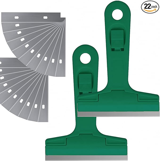 2pack 5.5 inches Industry Glass Scraper Scraping Hand Tool, T Shape Razor Blade Scraper with 20x Blades, Steel Scraping Knife for Window Stove Windshield Aquarium Tile Floor Wall Cleaning (Green)