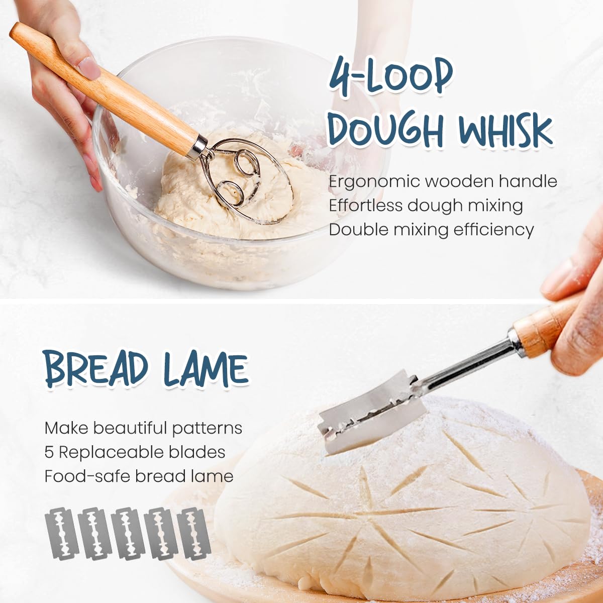 Rorecay Banneton Bread Proofing Baskets Set of 2, 9 Inch Round Cane Sourdough Bread Rising Basket Bowls with Sourdough Bread Making Tools Baking Supplies for Sour Dough Proofing Fermentation