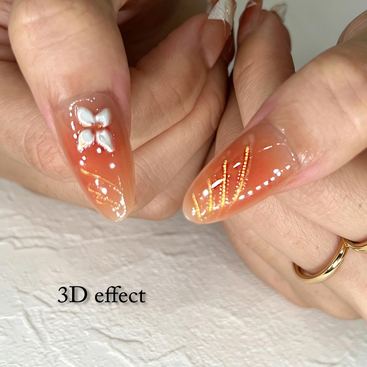 3D Press On Nails Almond Medium Wihte French Fake Nails with Embossed Flower&Lines Designs, Acrylic Artificial Nail Press ons False Stick On Nails for Women Girls 30Pcs