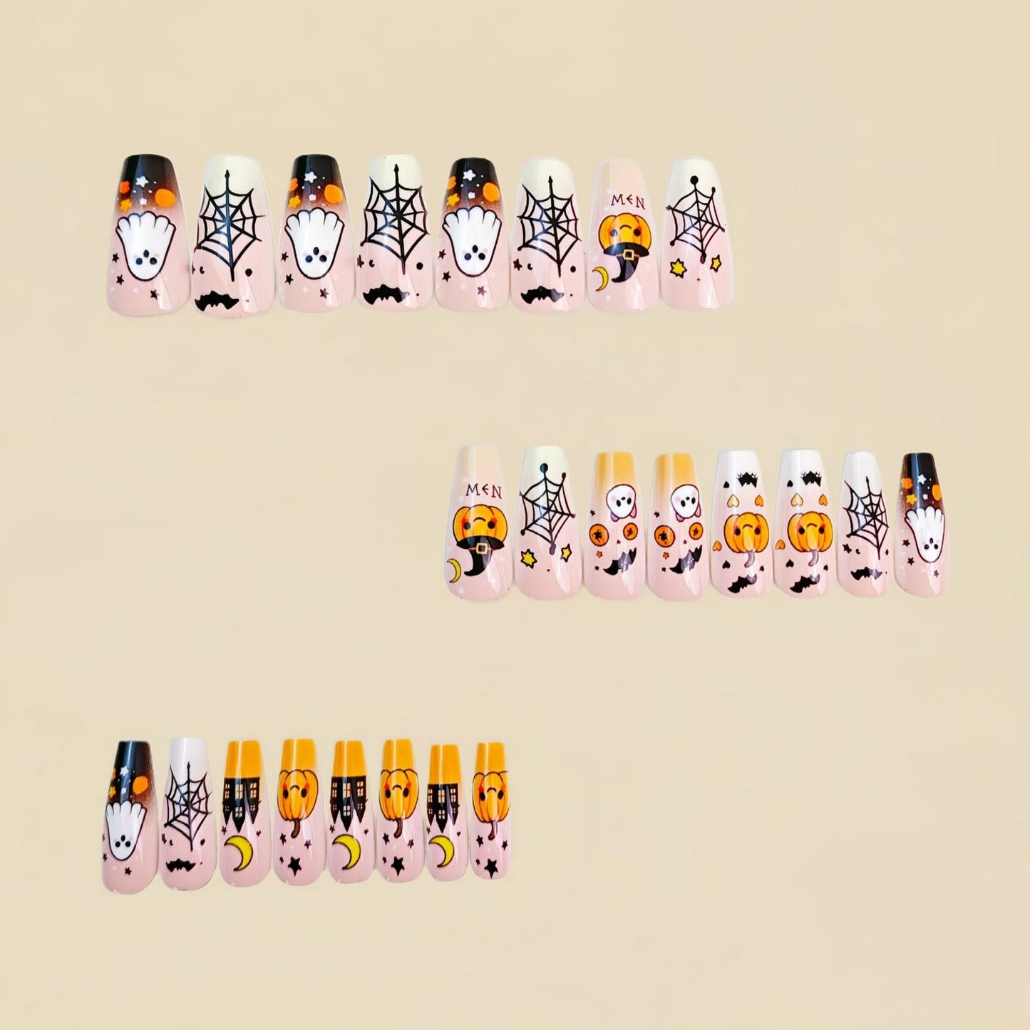 Halloween Press on Nails Full Cover Medium Coffin Fake Nails with Cute Ghost Pumpkin Stick on Nail Halloween Spider Web Bat Glue on Nail Glossy Acrylic Nails for Women Girls Manicure 24 Pcs