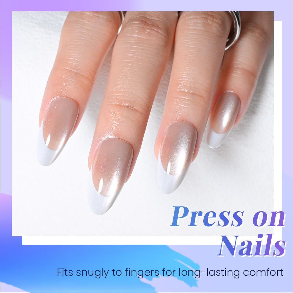 evpct Nude Cat Eye French Tip Press on Nails Almond Medium No Glue, White French Tip Medium Almond Holographic Stick on Nails for Women, Reusable Full Cover Soft Press on Nail Perfectly with Design