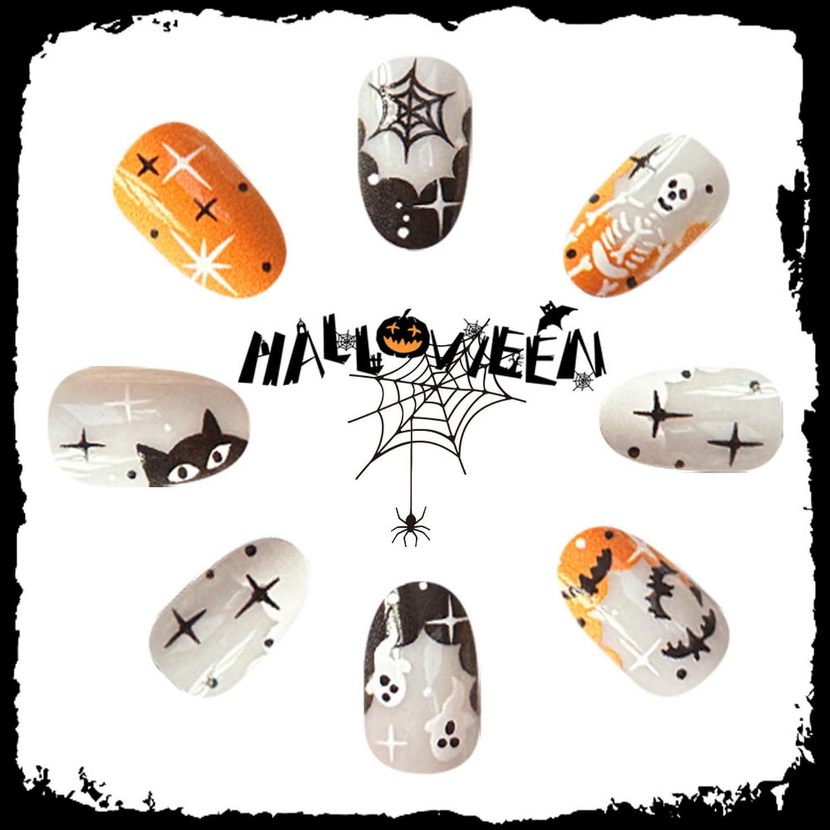 24pcs Cute Halloween Press on Nails Short Round Fake Nails French Tip Press ones Skeleton Ghost Star designs Stick on Nail Full Cover Halloween False Nails for Women Glue on Nail