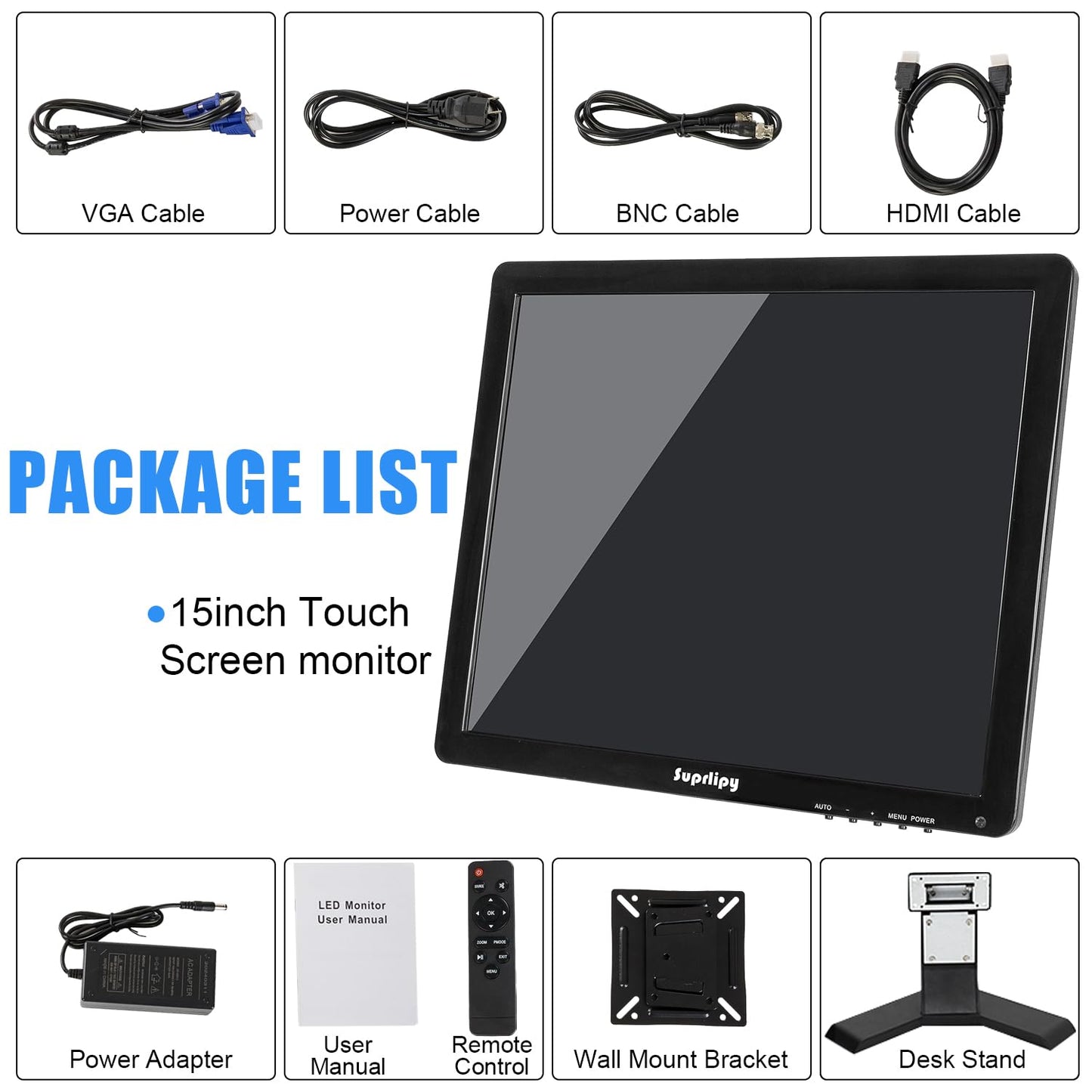 Suprlipy 15 Inch Touch Screen Monitor 1024x768 Support HDMI VGA AV USB BNC, 10 Points Capacitive Touch TFT LED Monitor for Laptop PC Xbox PS5/PS4 Switch POS Systems Built-in LounSpeakers