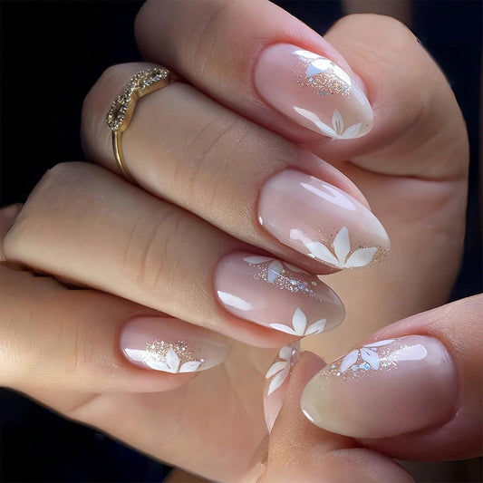 Flower Press on Nails Medium Almond Fake Nails Nude Nails Press ons with Floral Design,Reusable & Easy Apply Full Cover Stick on Nails for Women Girls Manicure 24Pcs
