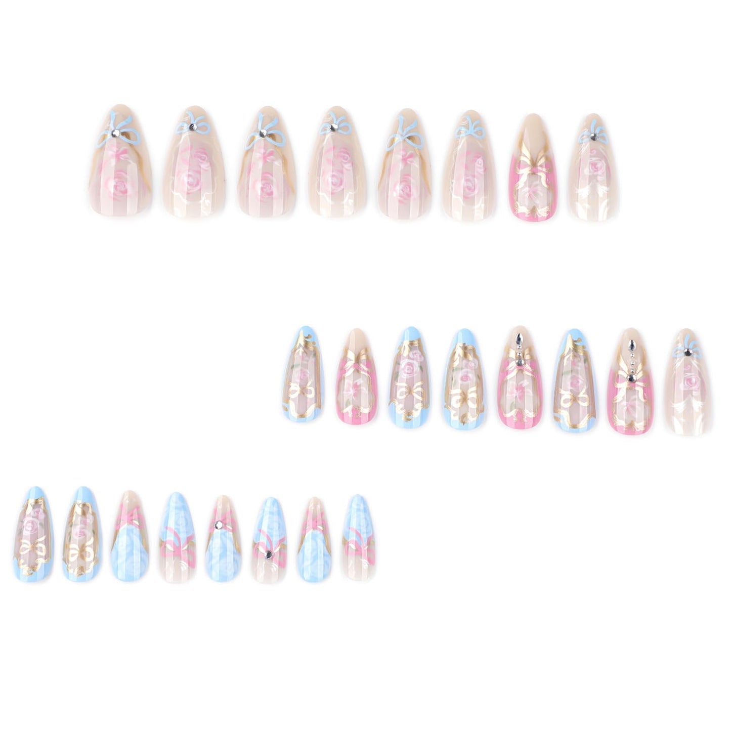 24Pcs Almond Press on Nails Heart Flowers Fake Nails with Exquisite Rhinestones Design Glossy Full Cover Rose False Nails with Glue Medium Romantic Stick on Nails Acrylic Nail Art for Women