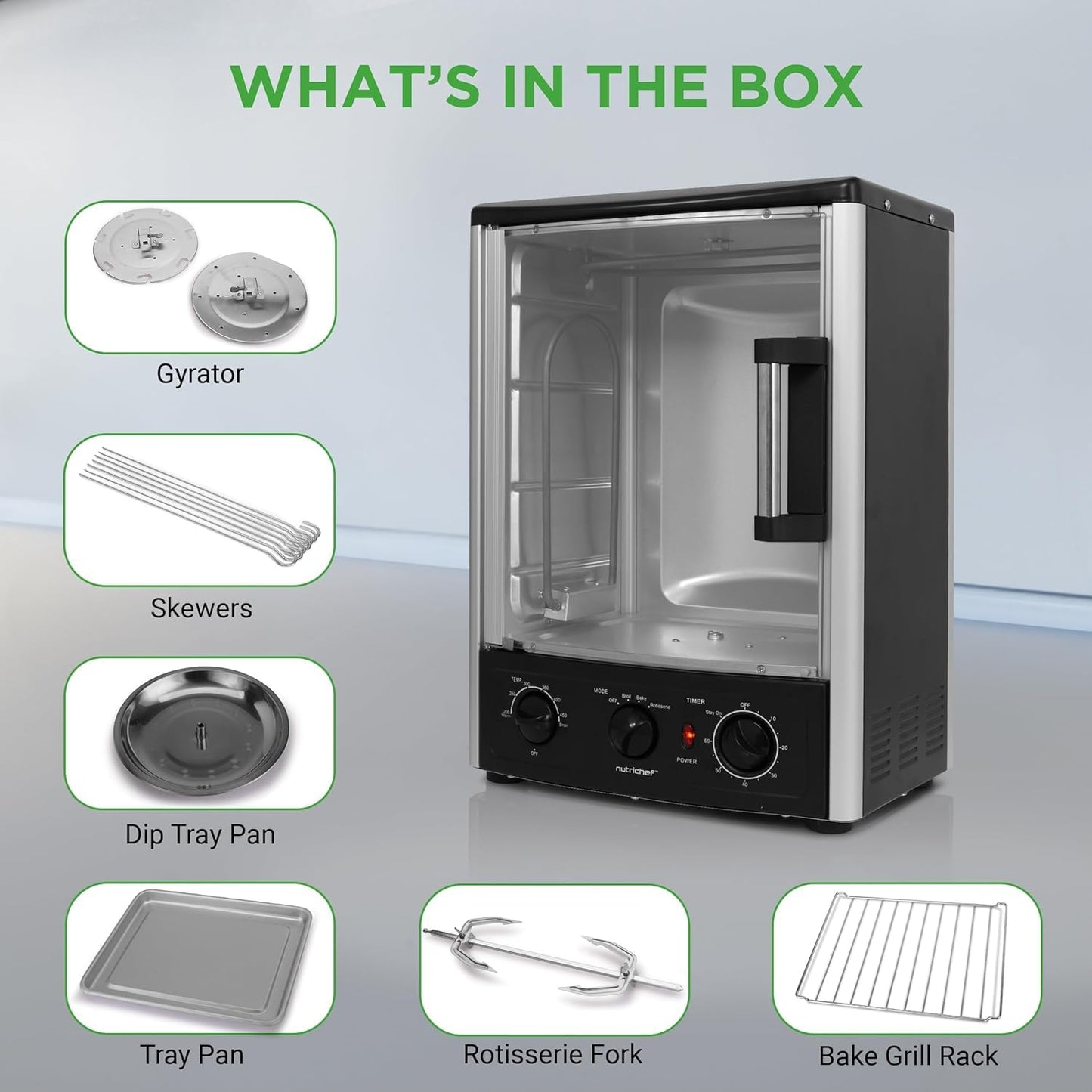 Nutrichef Vertical Countertop Oven with Rotisserie, Bake, Broil, & Kebab Rack Functions - Adjustable Settings - 2 Shelves - 1500W - Thanksgiving Turkey - Includes Grill, Kebab skewer racks & bake pan