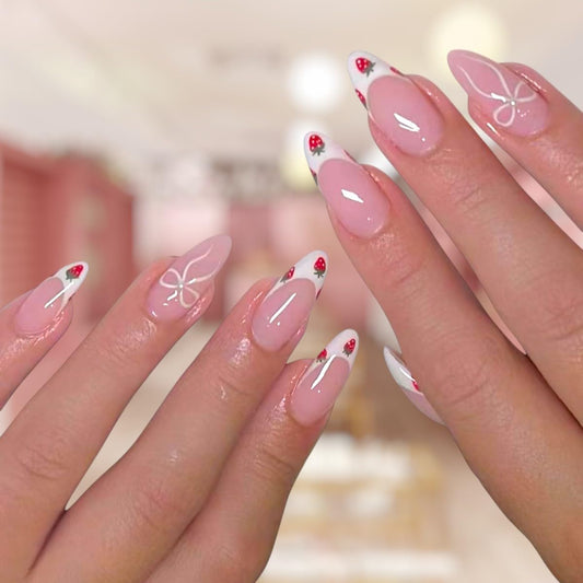 24 Pcs Press On Nails Short, Soft Gel Fake Nails, Glossy, Durable & Reusable, Easy to Apply Glue On Nails for Women By Bows And Knots
