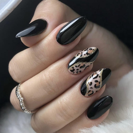 Medium Almond Press on Nails Black Fake Nails with Glitter Lines Leopard Designs Full Cover Glue on Nails Reusable Artificial Stick on Nails for Women 24 Pcs