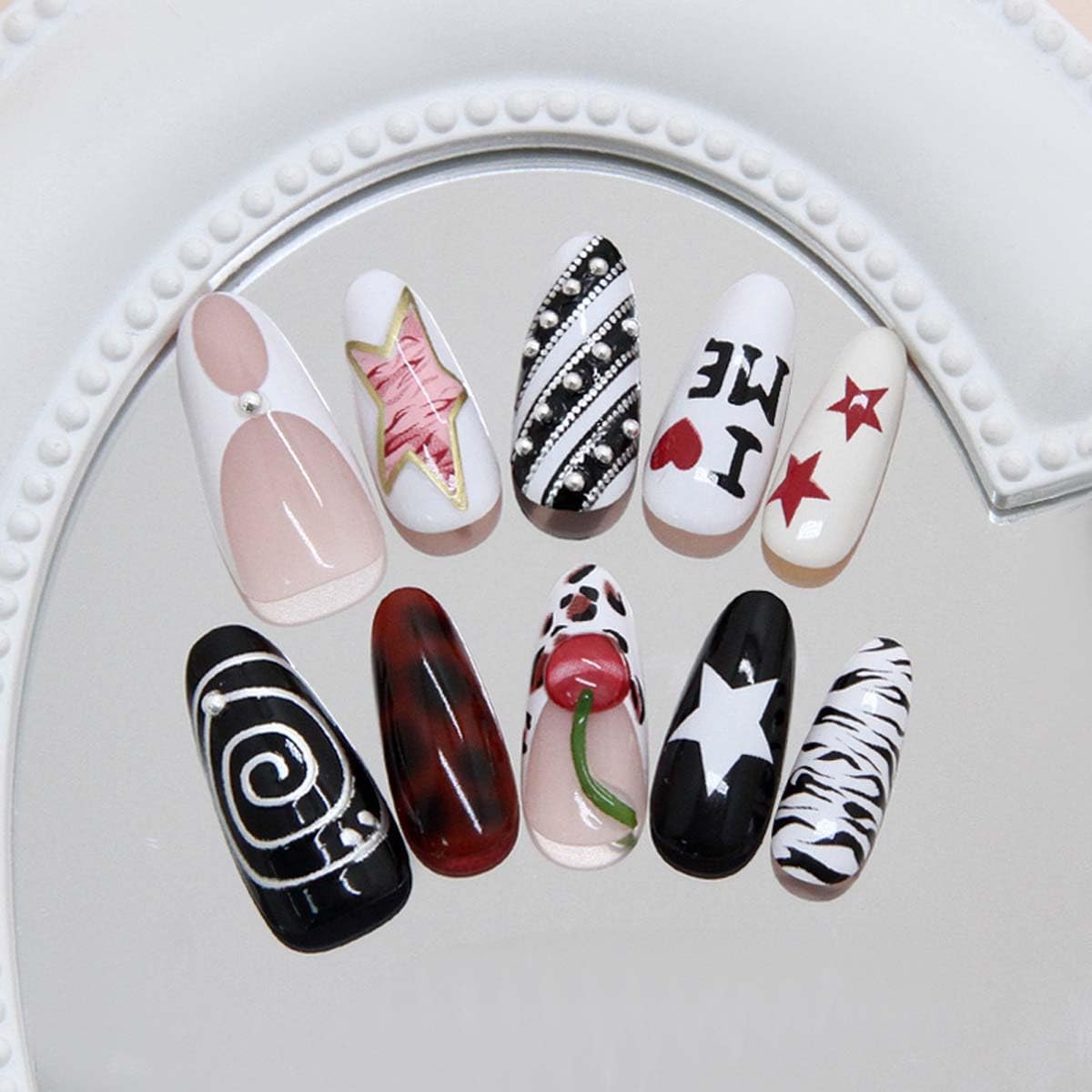 LINMEIZAI 24 Pcs French Tip Press on Nails Short Almond 3D Star Fake Nails Press ons Nail Tips Glue on Nails Y2K Acrylic Nail Kit with Black Swirl Design False Nails Spring Nail Art for Women