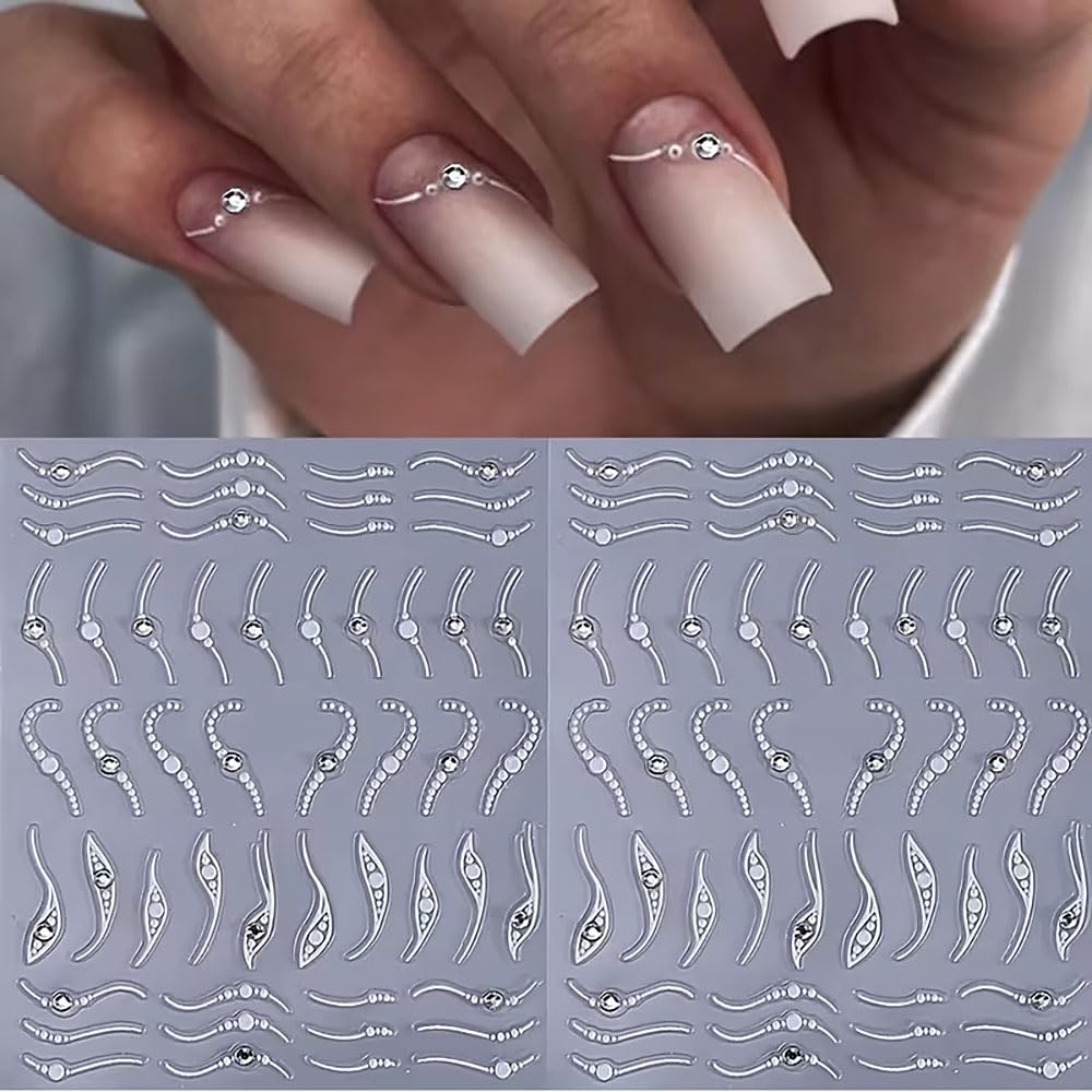 3Pcs French Line Nail Art Stickers,Silver Line Diamond Nail Stickers 5D Self-Adhesive Nail Decals Nail Art Supplies Silvery Stripe Swirls Wave Deisgns for Women Nails Decor