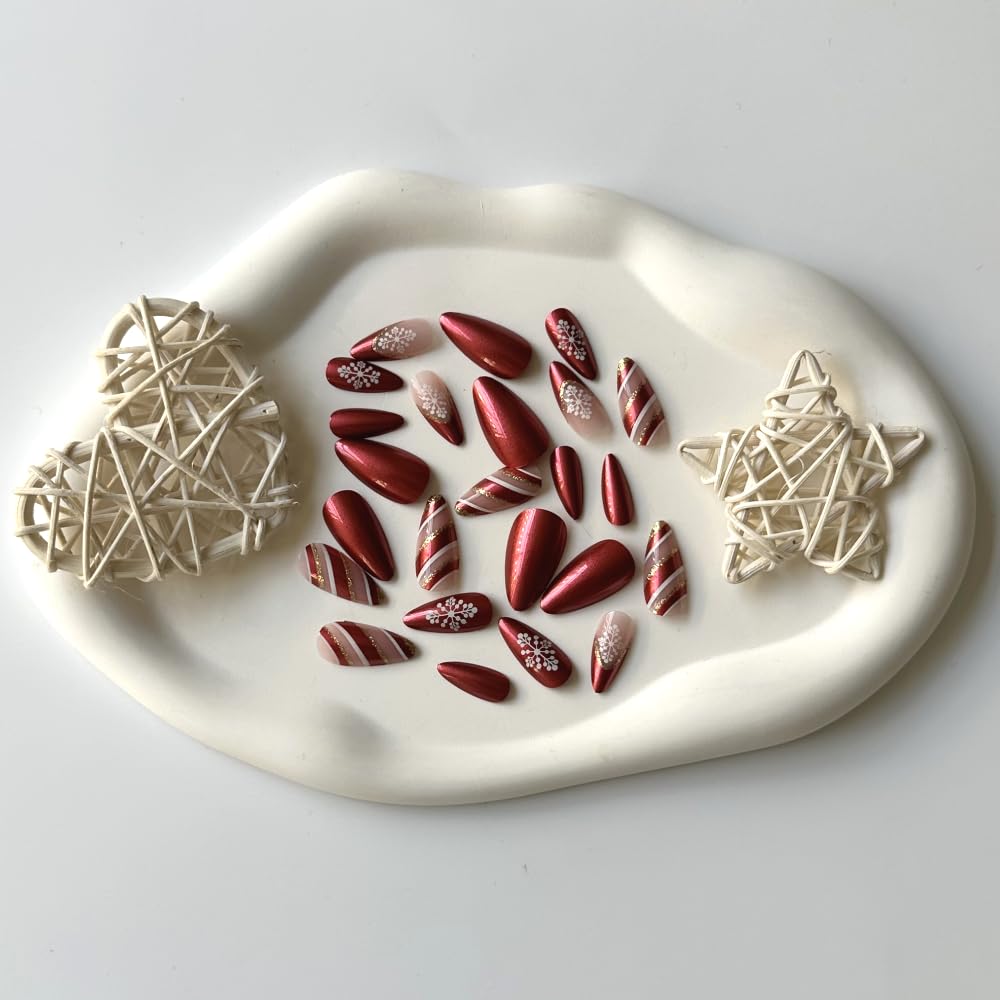Red Christmas Press on Nails Medium French tips Fake Nails withGold Ribbon Pattern Design White Snowflake False Nails Acrylic Nails Red Full Cover Glue on Nail for Women and Girls
