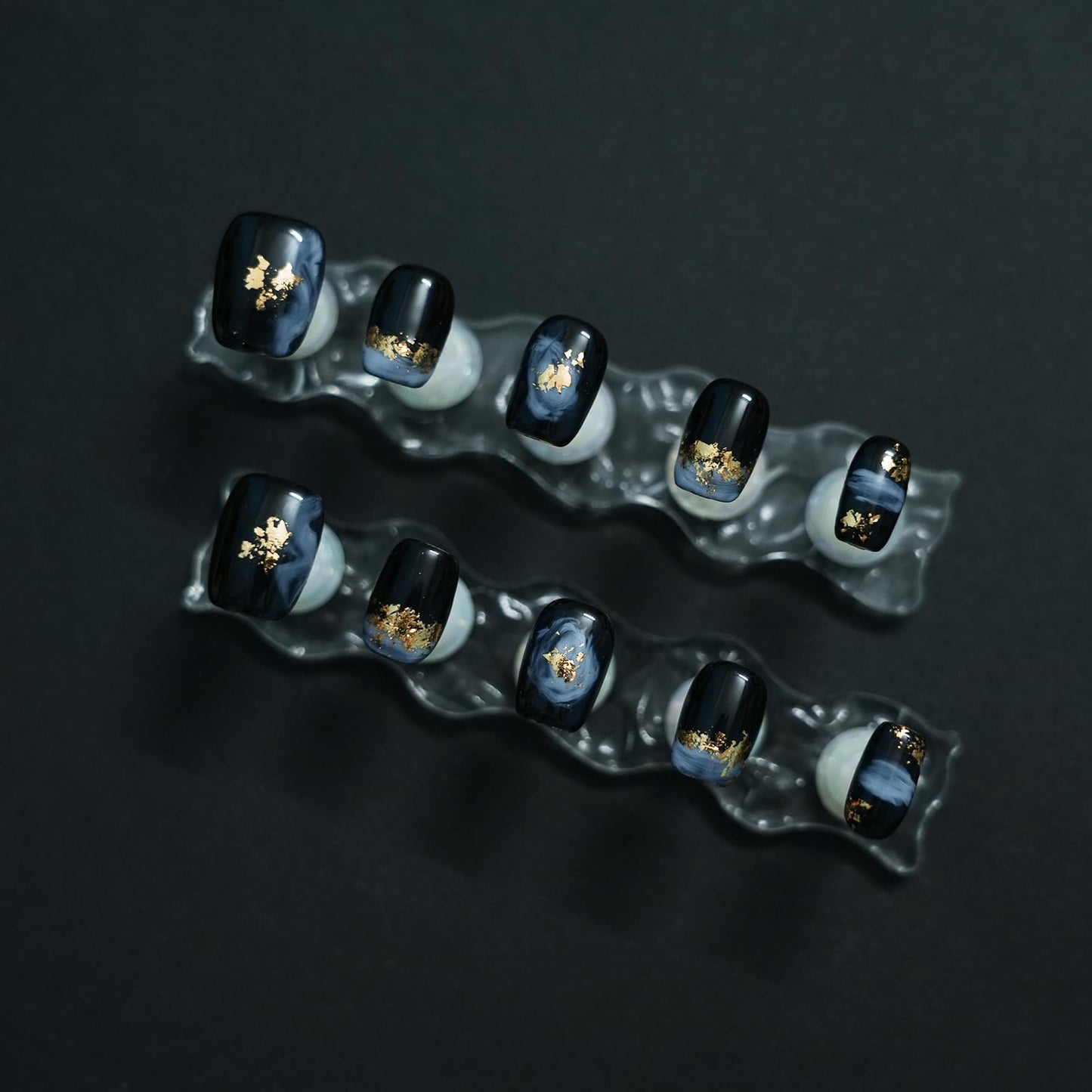 Tesytto Short Coffin Press on Nails - Handmade Black Fake Nails with Blue Ombre Glitter Gold Foil Design, High Gloss Acrylic Nails for Women, Party, Daily Wear (Playful Doodle,M)