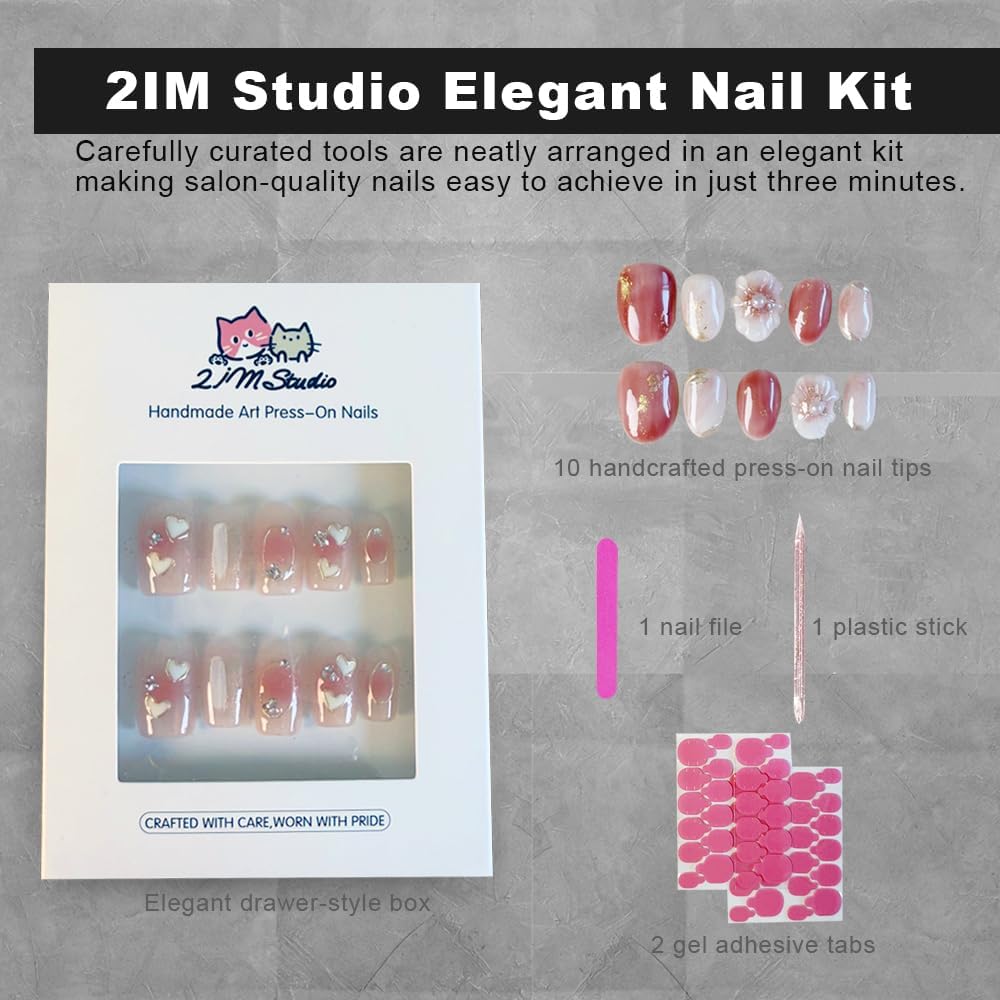 2IM Studio Handmade Press On Nails, Elegant Nude 3D Floral French Tip with Pearl Rhinestones, Almond Medium Length Full Cover Thick Reusable Acrylic Nail Kit for Women 10PCS (Midnight Muse-S)