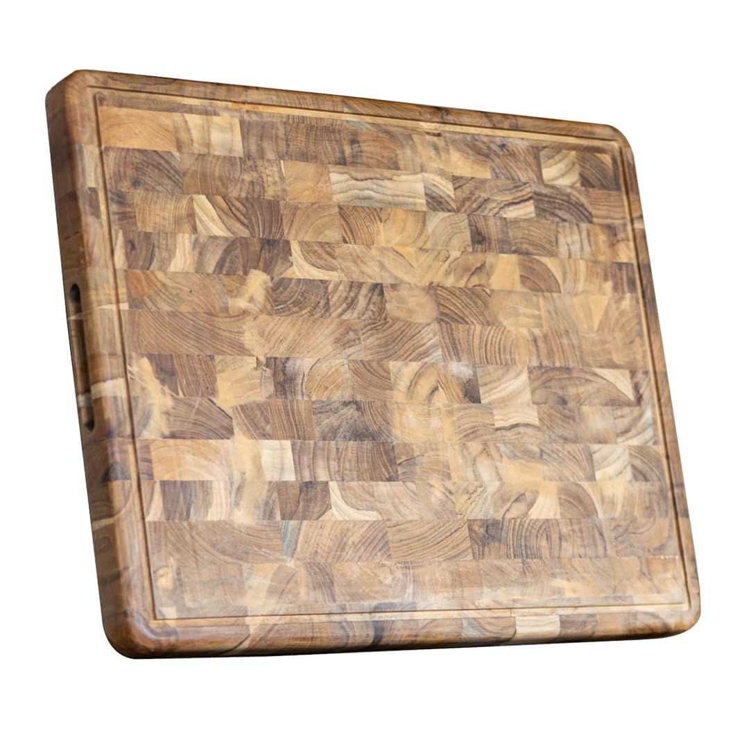 IWAS Upcycled Teak Wood Cutting Board With Juice Grooves and Handle | Extra Extra Large (20" x 15.5" x 1.5") | Sustainable & Environmentally Friendly Wooden Chopping Boards for Kitchen