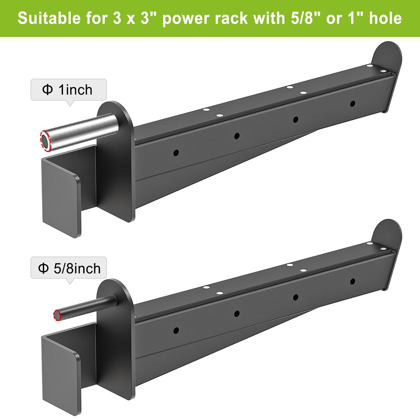 Kipika Safety Spotter Arms for 3" x 3"" Power Racks with 5/8"" & 1"" Holes - Heavy Duty Barbell Safety Catches with Rubber Pad - Adjustable and Easy to Install - Set of 2"