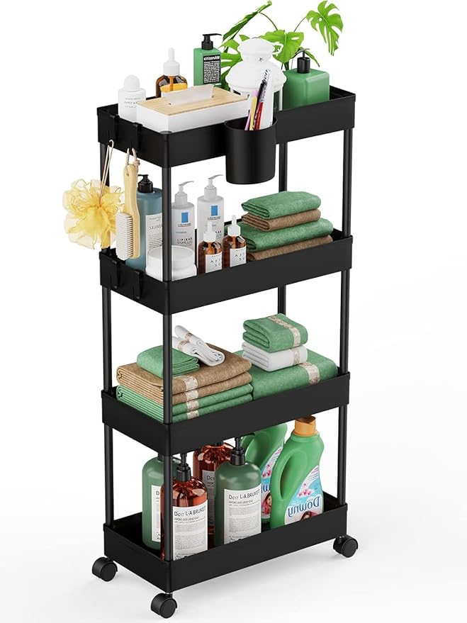 LEHOM Slim Rolling Storage Cart - 4 Tiers Bathroom Organizer Utility Cart Slide Out Storage Shelves Mobile Shelving Unit for Kitchen, Bedroom, Office, Laundry Room, Small Narrow Spacesï¼7.1" W+Blackï¼