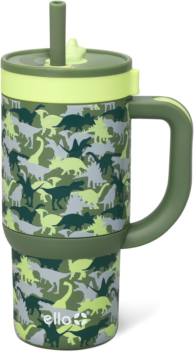 Ello Oasis 14oz Stainless Steel Toddler Tumbler with Handle & Retracting Straw, 100% Leakproof, Double-Wall Vacuum Insulated, Kids Water Bottle for School, BPA Free, Dishwasher Safe, Dinos