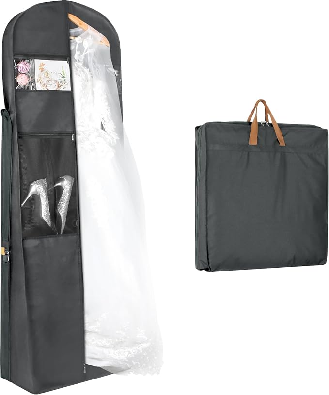 Zilink 72" Wedding Dress Garment Bag Dress Bags for Gowns Bridal Garment Bag for Dresses Long with 12âGusseted and Accessory Pockets for Wedding Dress, Puffy Gowns [Upgraded Version], Grey