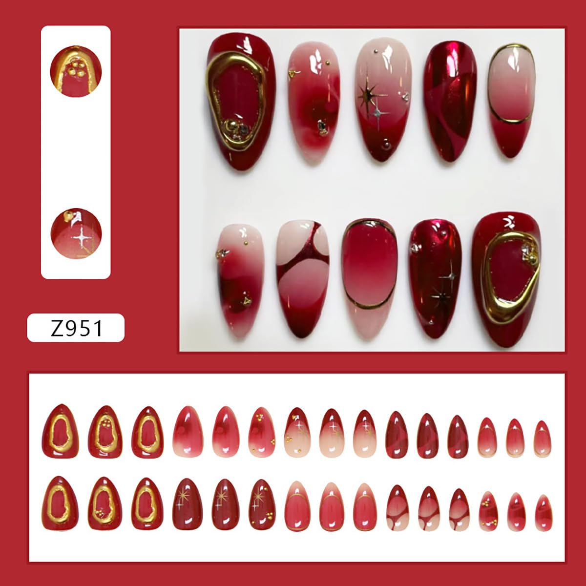 30Pcs Ombre Red Press on Nails Medium Almond Fake Nails 3D Star Rhinestones Glitter Handmade Design Y2K Gold Star Bead Full Cover Stick on Nails Chrome False Nails for Women Acrylic Nail Decorations