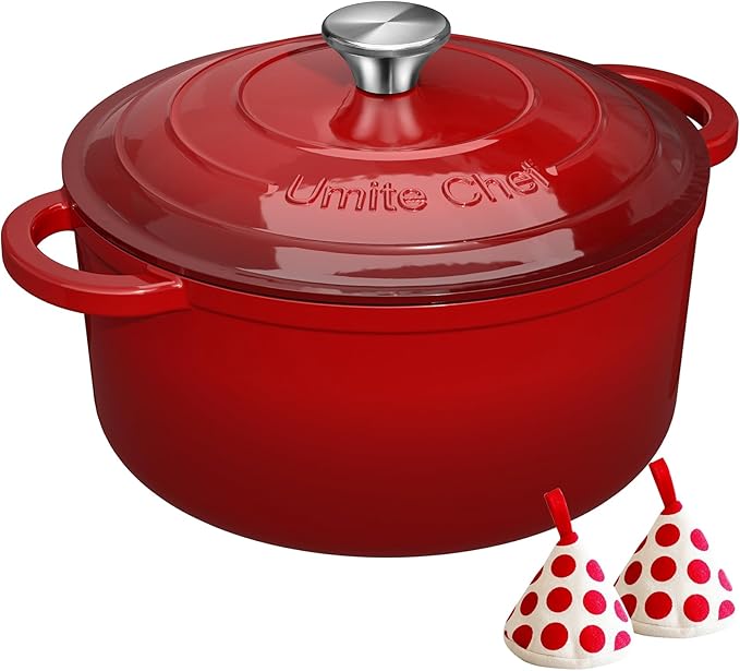 Umite Chef 7QT Enameled Cast Iron Dutch Oven with Lid & Cotton PotholdersâHeavy-Duty Cookware for Bread Baking, Braising, Stews, Marinate, Cook(Red)