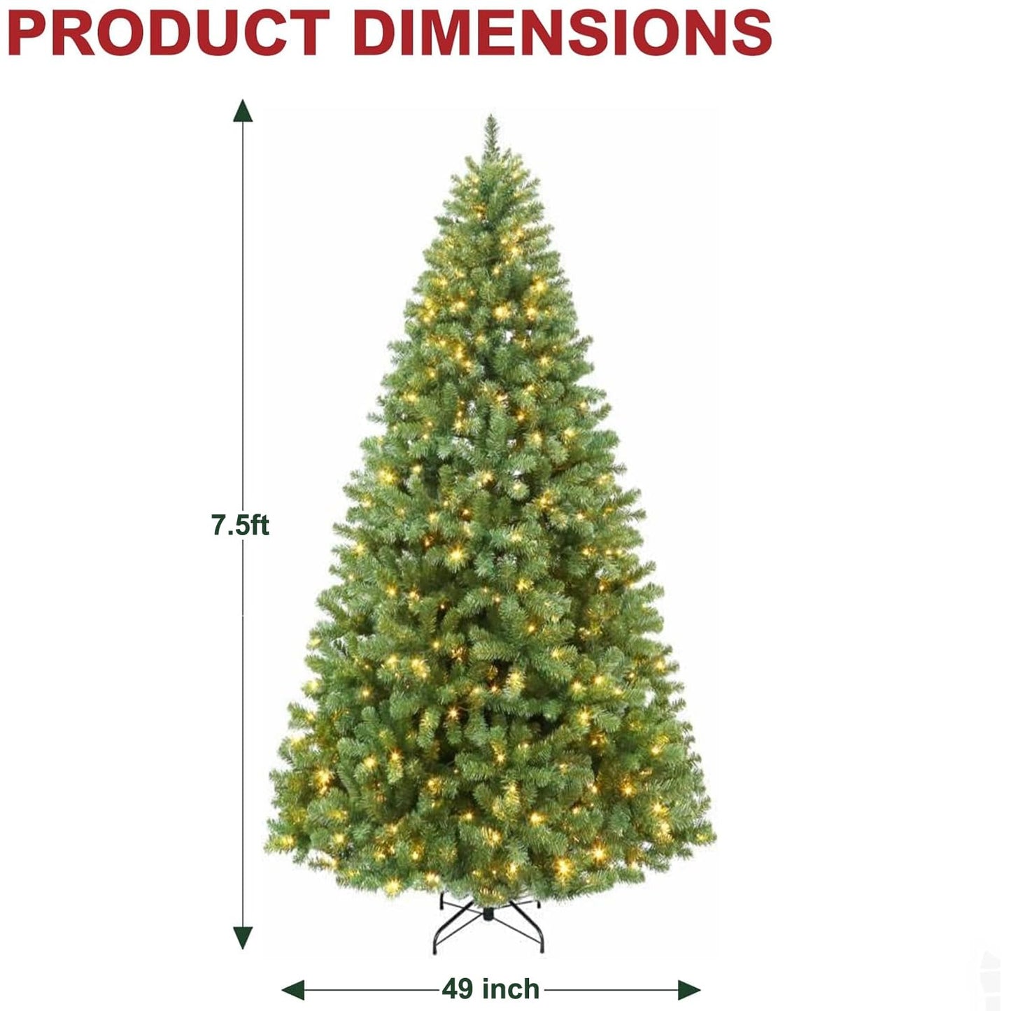 Hykolity 7.5 ft Prelit Christmas Tree, Artificial Christmas Tree with 450 Warm White Lights, 1450 Branch Tips, Metal Stand and Hinged Branches