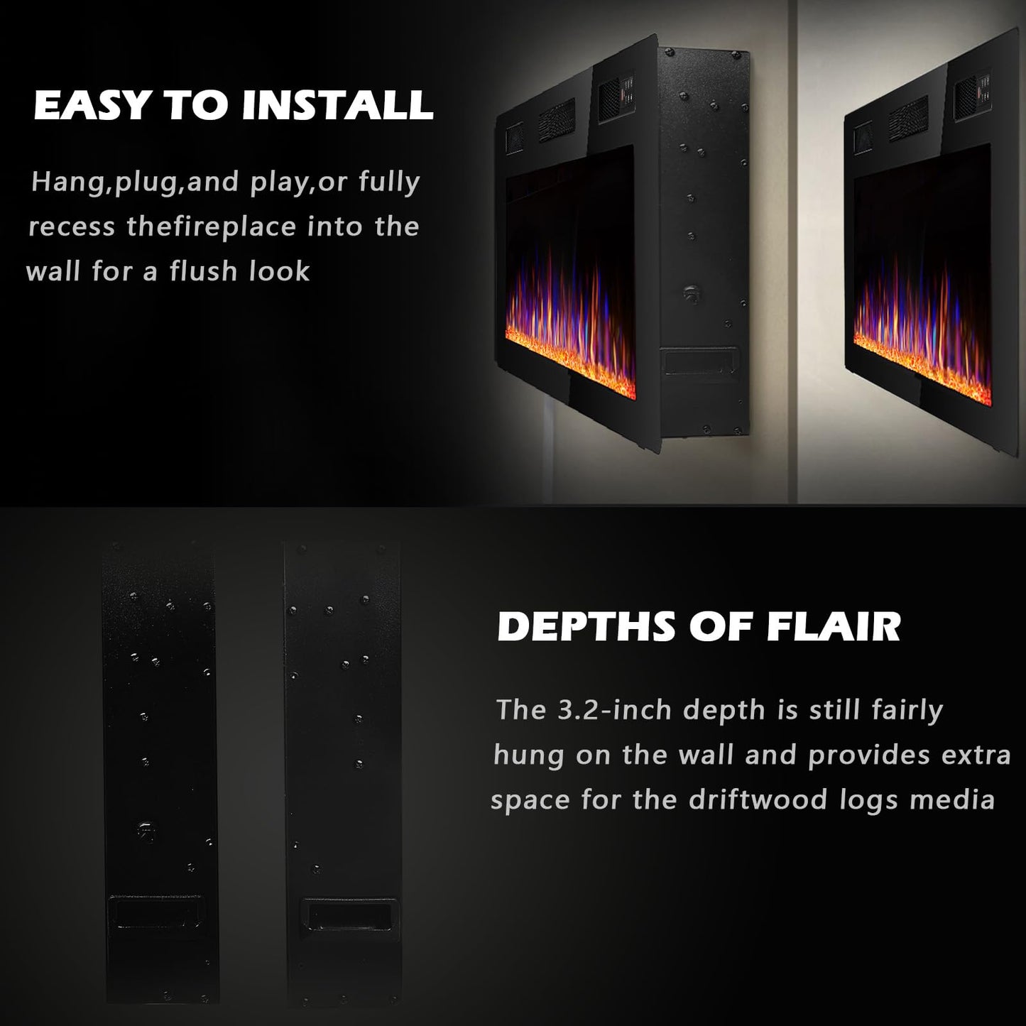 BOSSIN 72 inch Ultra-Thin Silence Linear Electric Fireplace, Recessed Wall Mounted Fireplace, Fit for 2 x 4 and 2 x 6 Stud, 12 Adjustable Flame Color & Speed,Touch Screen Remote Control with 8h Timer