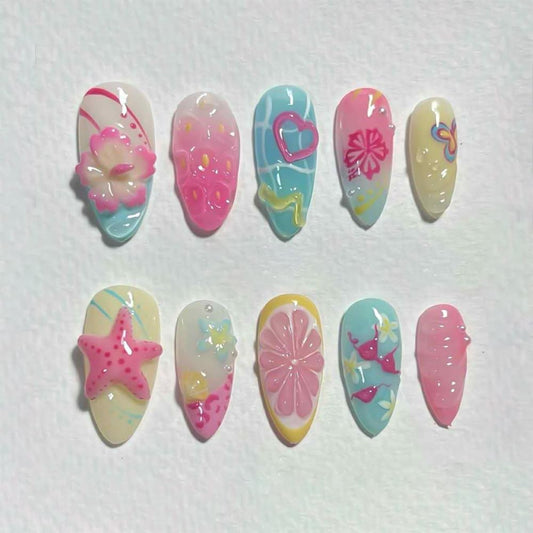 24Pcs Summer Press on Nails Medium Almond Fake Nails with 3D Starfish Flowers Designs Summer Beach False Nails Pearl Glue on Nails Handmade Full Cover Acrylic Nails Stick on Nails for Women DIY
