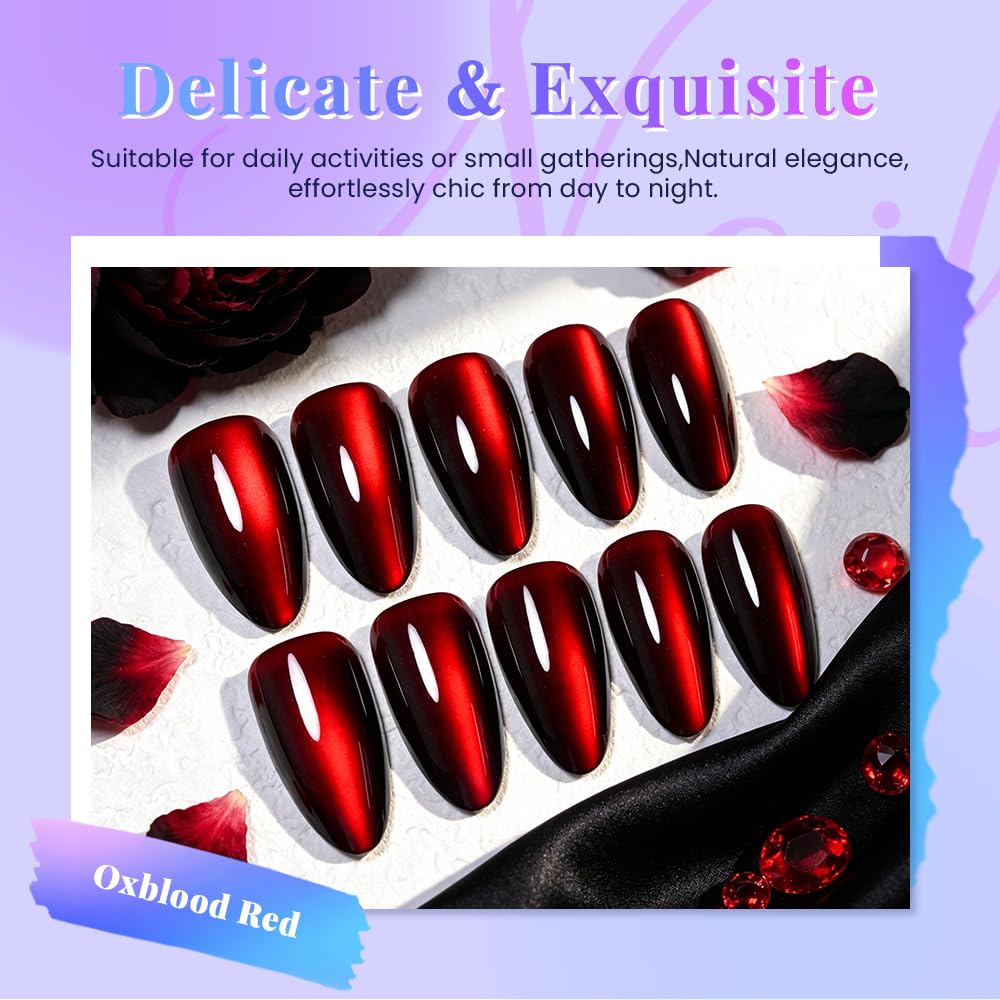 evpct Oxblood Red Cat Eye Chrome Press on Nails Almond Medium No Glue, Holographic Medium Almond Stick on Fake Nails for Women Gift, Glossy Cat Eye Effect, Perfectly Fit Salon-quality Soft False Nail