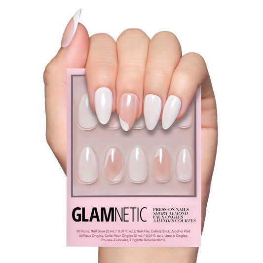 Glamnetic Press On Nails - Lovey Dovey Spring Nails | Glossy, Semi-Transparent Short Almond Fake Nails with Abstract Accents, Salon Quality | 15 Sizes - 30 Nail Kit with Glue
