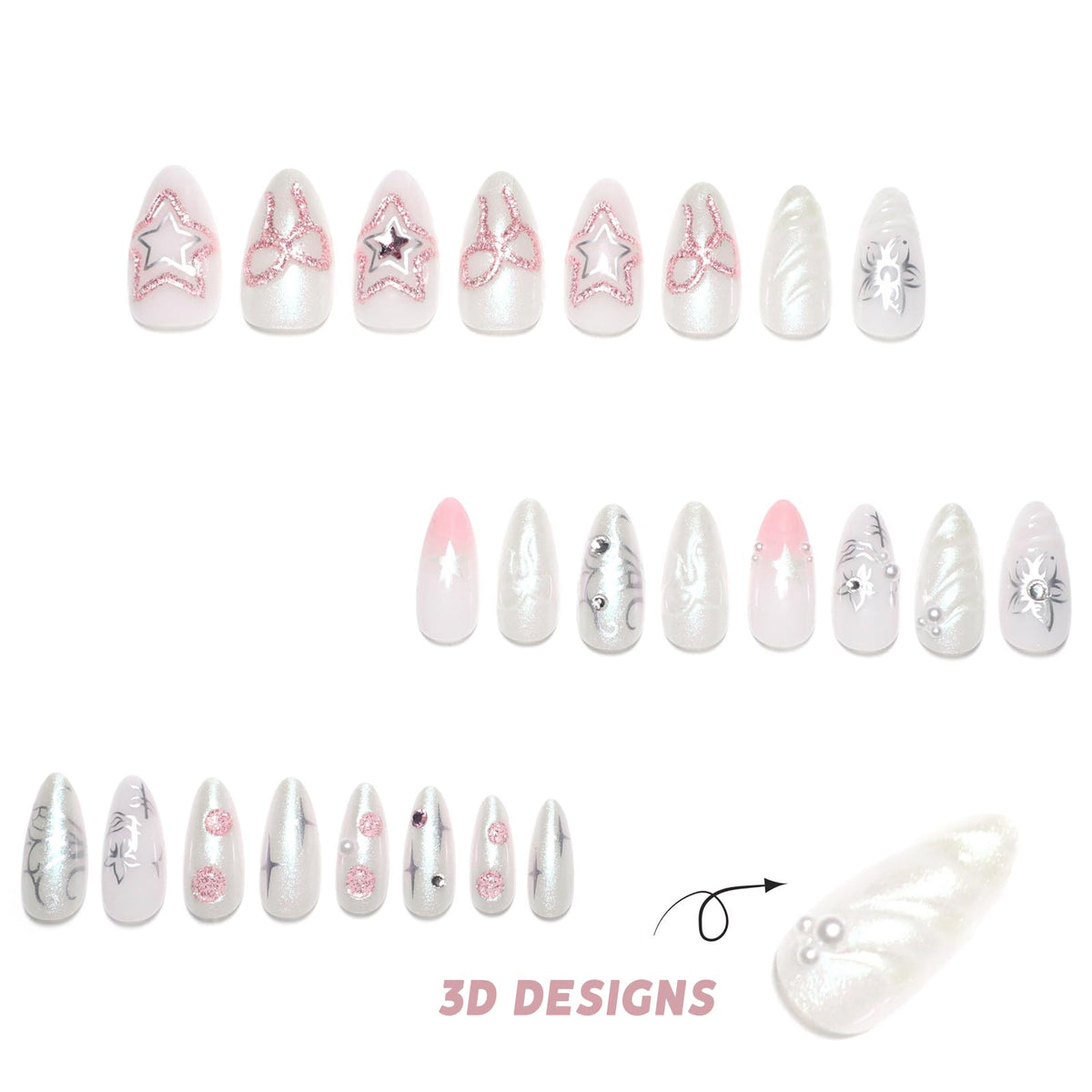 IMSOHOT Chrome Press on Nails Medium Almond Fake Nails with Pink Star Bow Designs Glossy Gel Handmade Acrylic Nail Supplies Full Cover Cute Artificial Glitter Stick on Nails