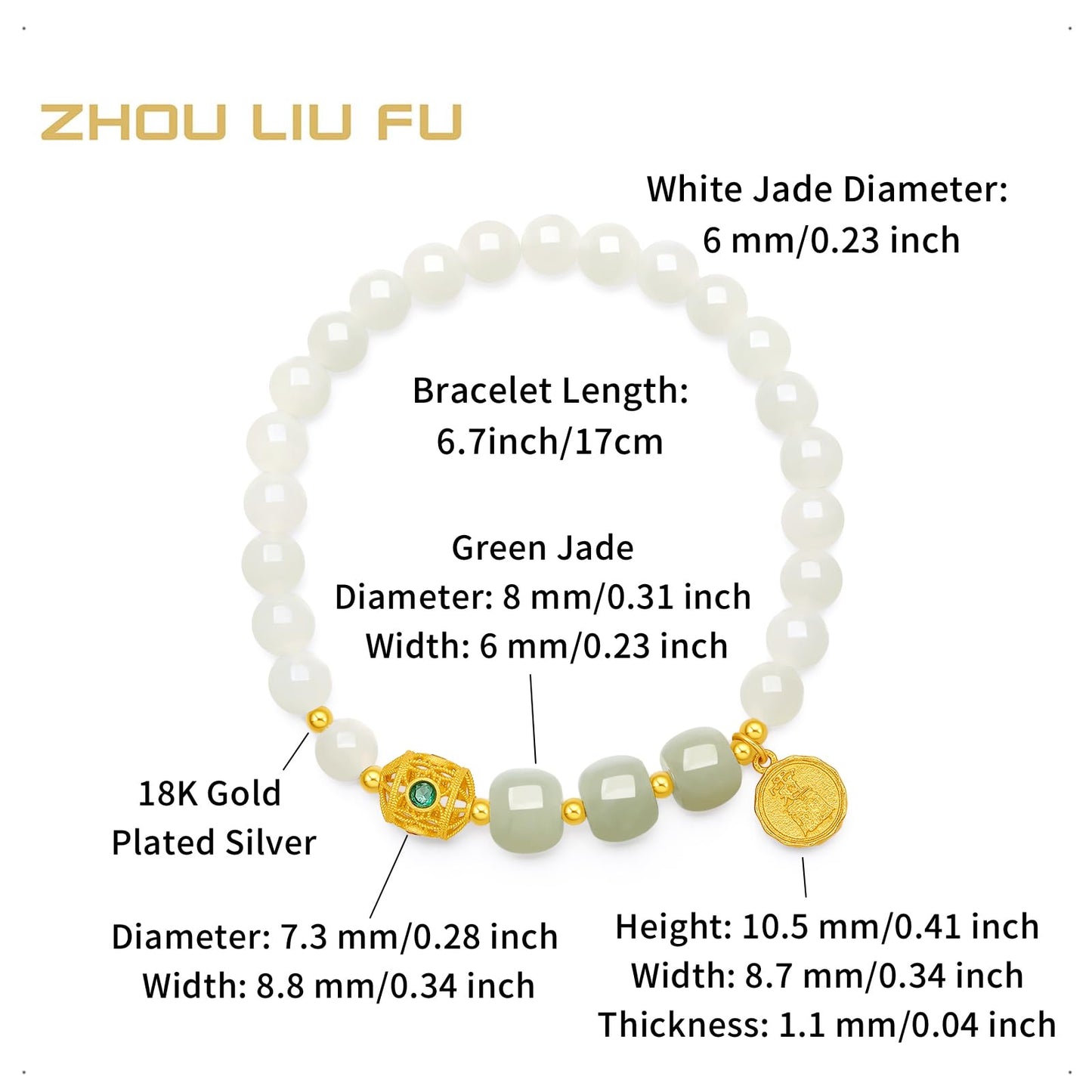 ZHOU LIU FU Sterling Silver Bracelets White Jasper Bracelet Bead Bracelet Green Jasper Round Fortune Charm Bracelet Stretch Bracelet for Women Mom Lover Birthday Aniversary 6.7inch/17cm