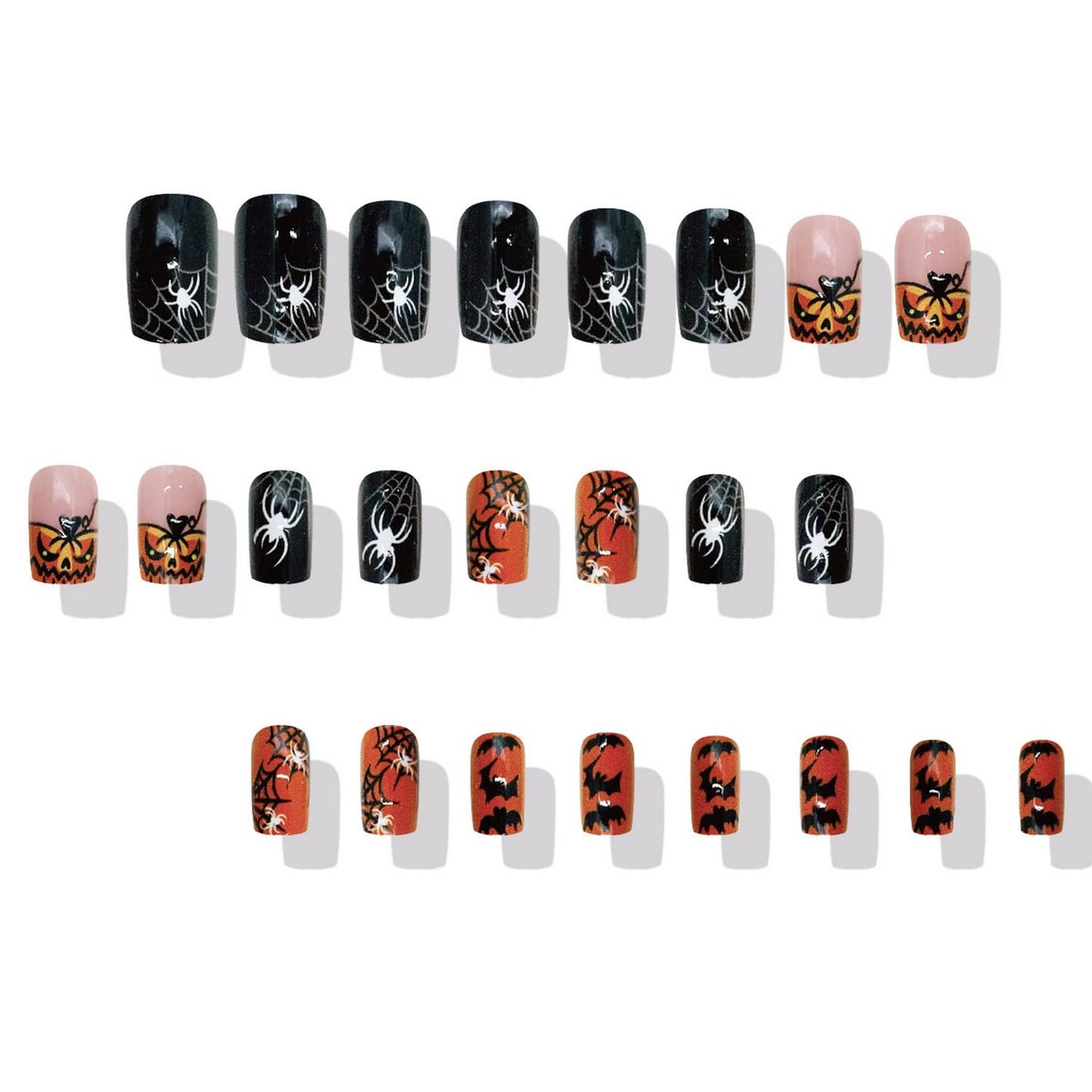 Halloween Press on Nail Medium Length Square Fake Nails Orange Black with Pumpkin Spider Web Bat designs Halloween False Nails Full Cover Glossy Reusable Acrylic Press ones for Women Party Manicure