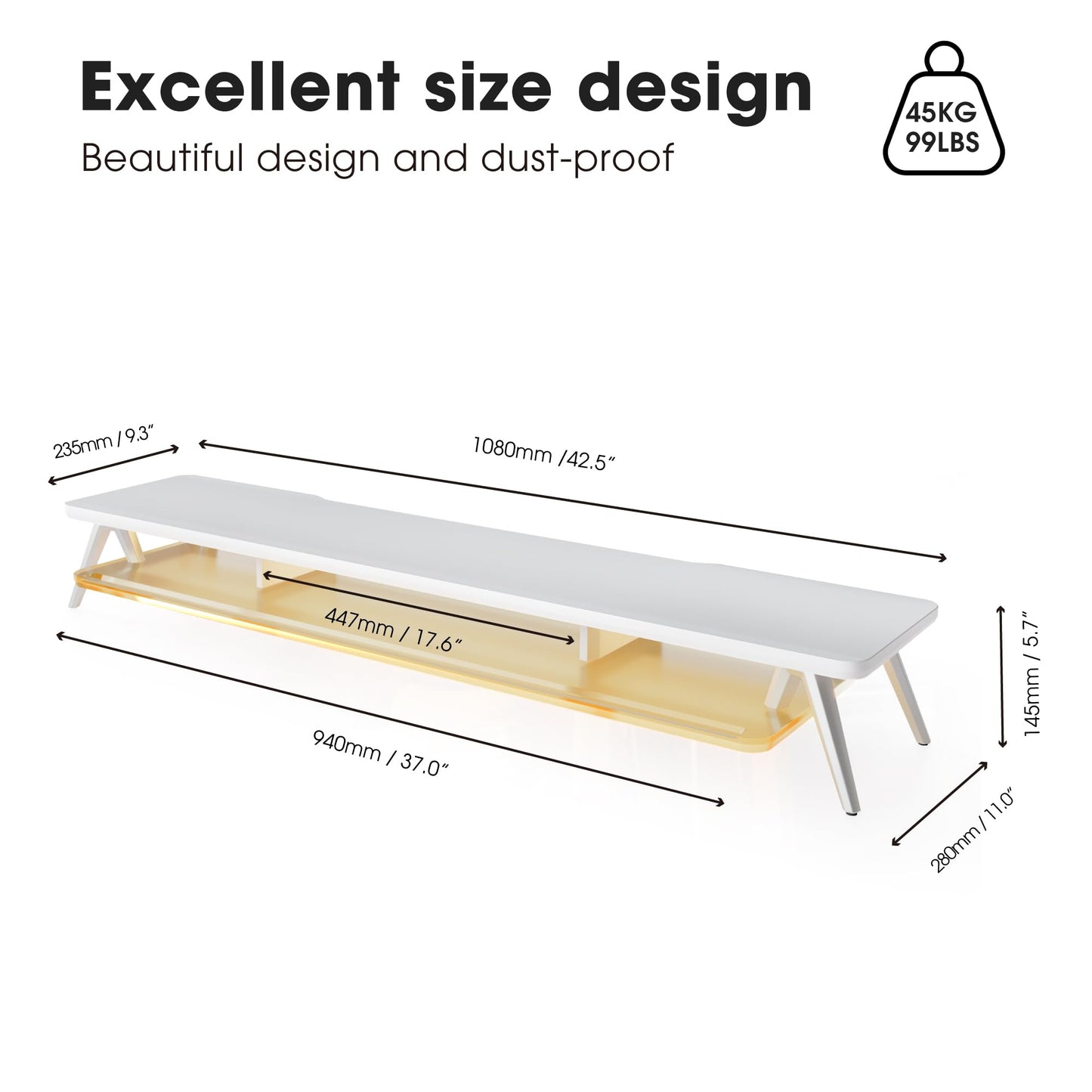 Fenge Dual Monitor Stand, 2 Tiers Acrylic Monitor Riser with LED Lights, 42.5 Inch Wood and Aluminum Desk Shelf with Phone and Tablet Holder