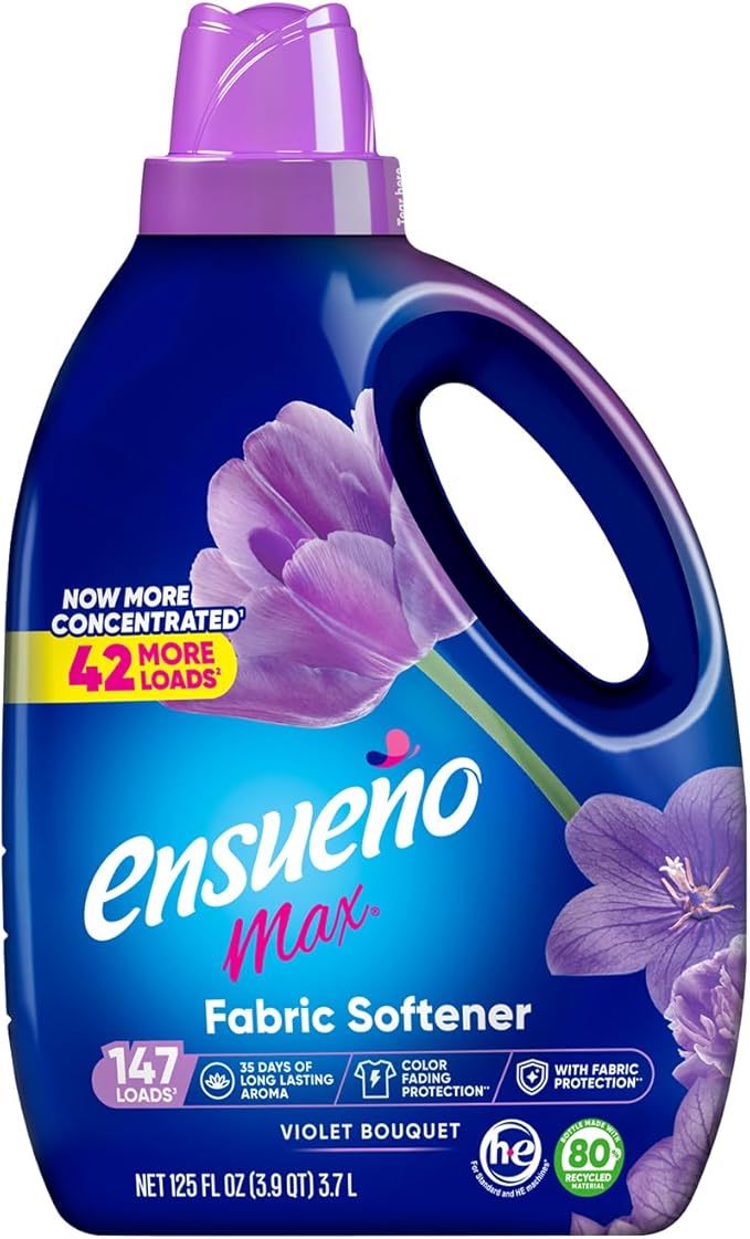 EnsueÃ±o Max Liquid Fabric Softener - Violet Bouquet Scent - 125 fl oz - Color-Safe Fabric Softener Liquid - Softens 123 Loads - Reduces Wrinkles & Static