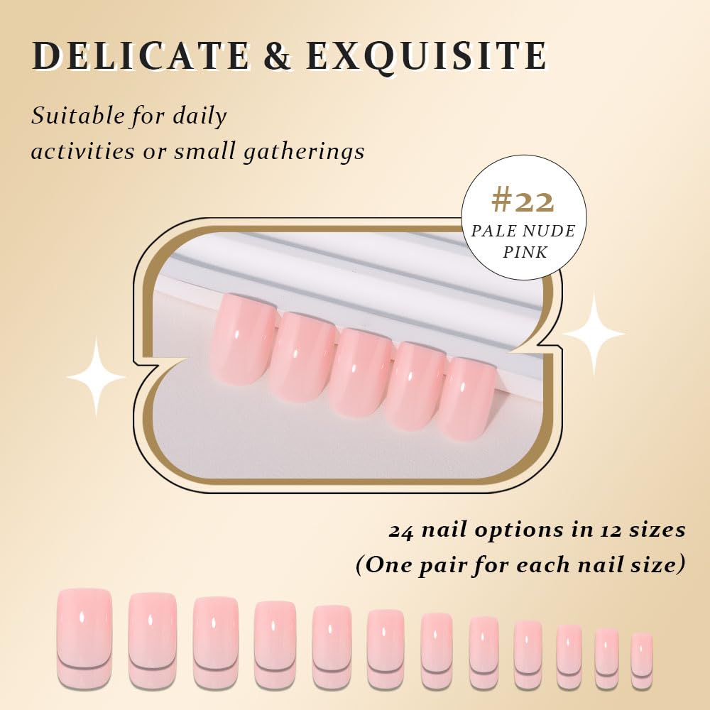 evpct Pale Nude Pink Short Square Glossy Press on Nails for Women Gift, Glossy Pale Nude Pink Fake Nail with Kits Manicure Kits, Soft Gel Full Cover Reusable Stick on Acrylic False Nails Perfectly Fit