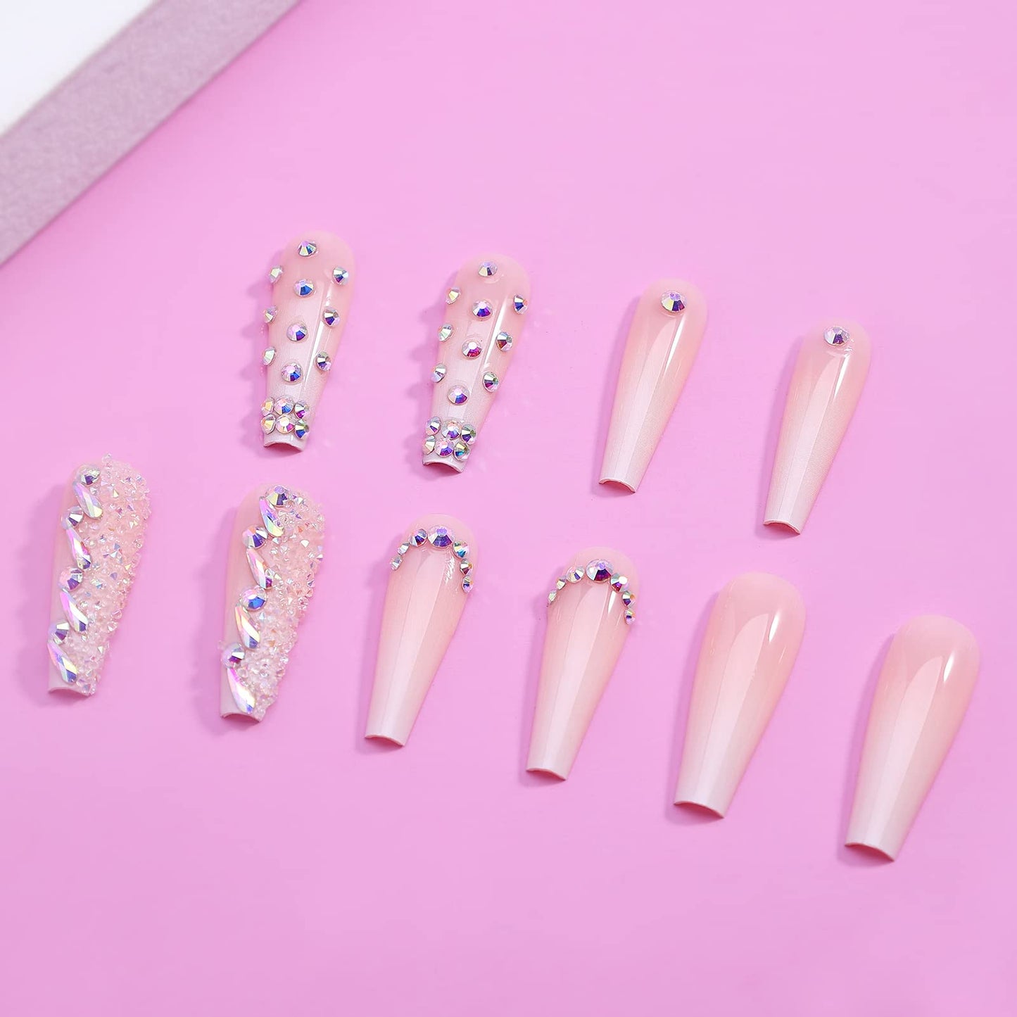 Artquee 2 Sets of Z04 Z19 48pcs French Tip Press on Nails Long Glossy Coffin Fake Nails Nude White Ombre Art with Rhinestones Luxury design False nails Acrylic Stick on False Nails Tips for Women