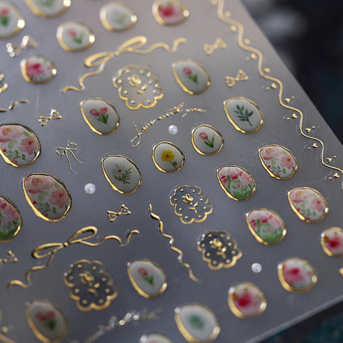 5D Embossed Flower Nail Art Stickers Cute Tulip Irregular Frame Gold Bow Hollow Designs Self Adhesive Nail Decals Bronzing Nail Sticker with Pearl Charms for Women DIY Nails Art Accessories